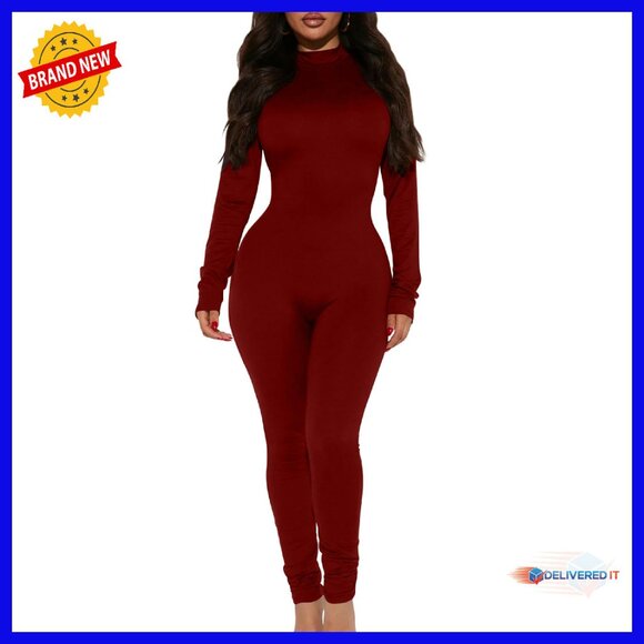 Long Sleeve Bodycon Jumpsuit Mock Neck Slim Fit Zipper Back
